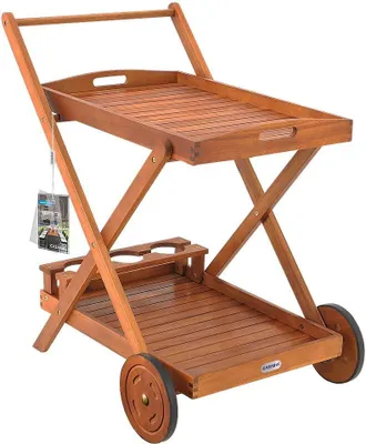 Immagine prodotto di CASARIA® Carrello da Cucina Portavivande in Legno di Acacia Certificata FSC® 2 Ripiani Vassoio 3 Portabottiglie Giardino