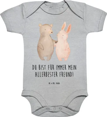 Produktbild von Mr. & Mrs. Panda babykleidung body Bär und Hase Umarmen 12. - 18. Monat - Heather Grey - Geschenk, Strampler, für Immer, Freundin, overall baby, Babybody, BFF, Freunde