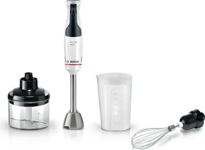 Product shot of a Bosch hand blender and its accessories on a white background.