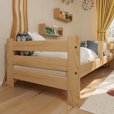 Produktbild von Kinderbett Oli mit Rausfallschutz und Lattenrost | 160x80 cm | Kiefer, 100% Massivholz, natürliche Maserung | für Kinder, universell, stabil, bequem