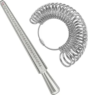 A ring sizer cone and a set of ring sizer gauges are displayed against a white background.