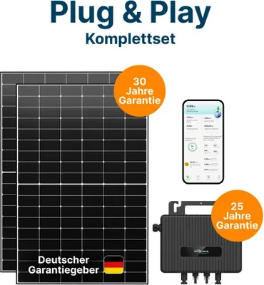 Produktbild von Balkonkraftwerk 910W mit Wechselrichter & Schukostecker – Mini-PV-Anlage Plug & Play Set inkl. Luxor Solarmodul & HYX-M800-SW