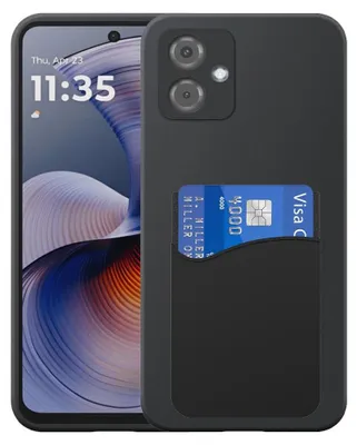 A black phone case with a card slot is shown on a phone.