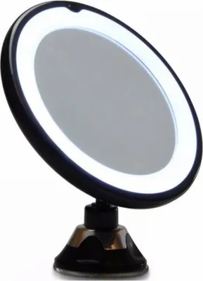 A black cosmetic mirror with LED lighting and a suction cup base is shown against a white background.