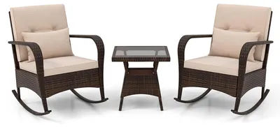 Produktbild von KOMFOTTEU 3-teiliges Gartenmöbel Set, 2 Rattan Schaukelstühlen mit Couchtisch, Sitzgruppe mit Metallrahmen, abnehmbaren Kissen, Terrassenmöbel, Balkonmöbel, Outdoor Sitzgarnitur für Balkon, Garten, Pool