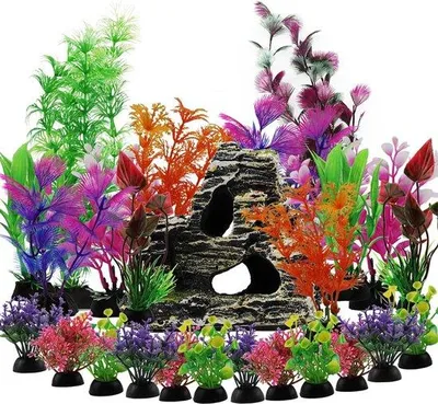 Produktbild von Famanu Aquarium Pflanzen Dekorationspaket - 25 bunte Kunstpflanzen mit Höhlenornament