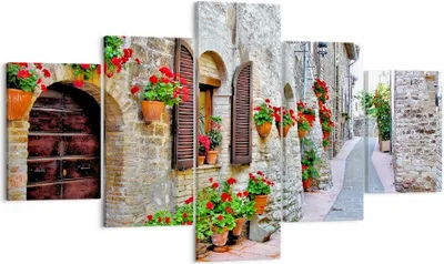 Produktbild von Bild auf Leinwand - Leinwandbild - Italien Straße Blumen Geschichte - 125x70cm - Wand Bild - Wanddeko - Leinwanddruck - Bilder - Kunstdruck - Leinwand bilder - Wandkunst - EA125x70-2817
