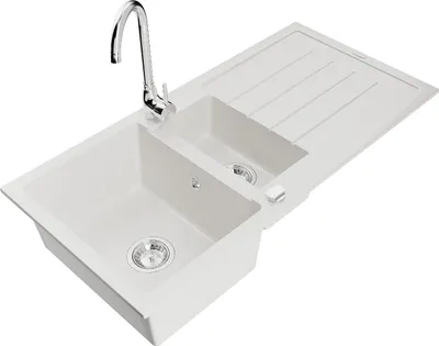 Immagine prodotto di Mexen Andres lavello in granito 1,5 vasche con scolapiatti e rubinetto da cucina Telma, bianco - 6515-20-670200-00