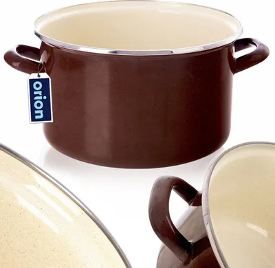 A brown enamel pot with a cream interior, shown on a white background. A blue tag with the brand name 'orion' is attached to the handle.