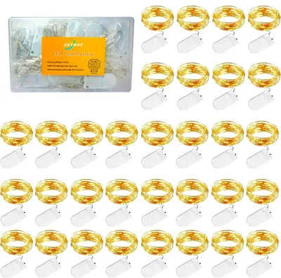 Productafbeelding van LED-lichtsnoer op batterijen - Set van 32 - Koperdraad - 1 m - 10 leds - Warmwit - Kerstverlichting voor slaapkamer