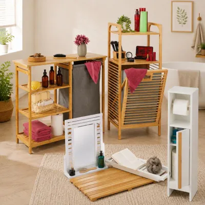 Immagine prodotto di Set da bagno Bamboo Spa (4 pezzi) – Mensola per il bucato, vassoio da bagno e portarotolo