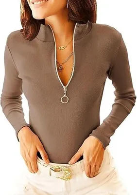 Produktbild von Bluse Damen, V-Ausschnitt, lange Ärmel, gestrickt, schmal geschnitten, atmungsaktives Material, verstellbarer Reißverschluss, Oberteil