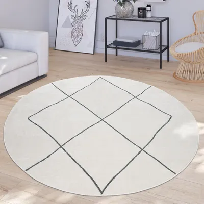 Produktbild von TT Home Wohnzimmer Teppich Mit Modernem Skandinavischem Rauten Design Kurzflor, In Weiß Größe 200 cm Rund