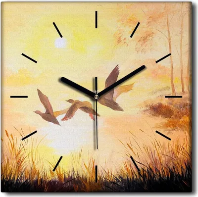 Produktbild von Coloray Uhr auf Leinwand 30x30 cm Wand Uhr Dekoration Wohnzimmer Segeltuch schwarze Hände -Cranes Sonnenaufgang.