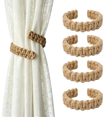 Produktbild von 4-teiliges Set Raffhalter Boho-Stil handgeflochten Gardinenhalter Khaki