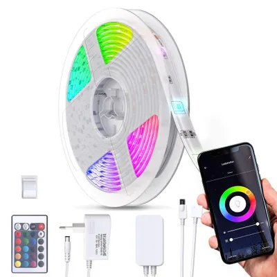 Immagine prodotto di Striscia LED Smart RGB, 5m, funziona con App, Amazon Alexa, Google Home, cambia colore con lo smartphone, Wi-Fi, dimmerabile, adesiva, accorciabile, telecomando, rivestimento in silicone, bianca, IP20