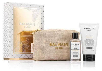 Zdjęcie produktu dla Zestaw Balmain Professionnel: eliksir nawilżający z olejkiem arganowym, do pielęgnacji włosów, 100 ml oraz nawilżający krem do stylizacji włosów, 150 ml – Balmain Professionnel, w prezencie: woreczek tekstylny, jasnobrązowy