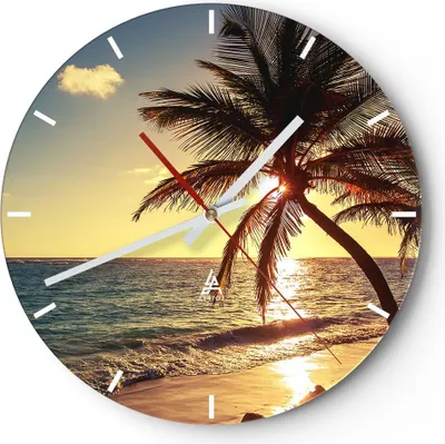 Produktbild von Wanduhr - Rund - Glasuhr - Wolke exotischer Palm- Landschaft - 40x40cm - Schleichendes Uhrwerk - Lautlos - zum Aufhängen bereit - Dekoration Modern - Wanddekoration aus Glas - C3AR40x40-3180