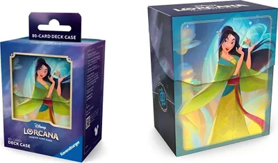 Two boxes for Disney Lorcana trading card game deck cases, featuring Mulan.