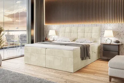 Produktbild von MEBLINI Boxspringbett mit Bettkasten - Gepolstert Doppelbett mit Matratze und Topper - Polsterbett mit Stauraum - Bett mit Kopfteil - Stauraumbett - DRAGO - 140x200 - H3/Beige Samt