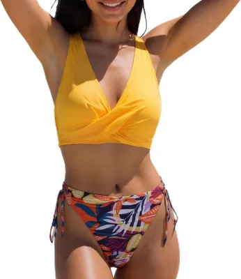Immagine prodotto di Costume da bagno bikini a due pezzi, push-up, con dettaglio twist sul davanti, motivo floreale, colore giallo, taglia XXL