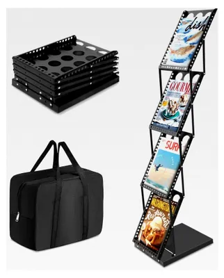 Produktbild von Faltbarer Zeitschriftenständer mit 4 Taschen – Magazin- und Broschürenhalter mit Tragetasche für Büro, Einzelhandel und Messen (Schwarz-27Bx36Tx130H)