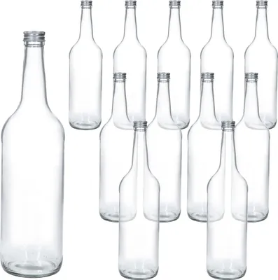 A collection of empty glass bottles with silver screw caps.