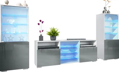 Produktbild von Vladon Wohnwand Granada, Anbauwand bestehend aus 2 Vitrinen und 1 TV-Board, Weiß matt/Grau Hochglanz inkl. LED-Beleuchtung (286 x 122,5 x 35 cm)