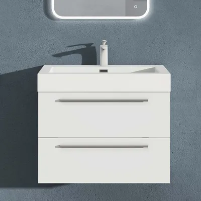 Image de doporro Meuble de Salle de Bains Blanc Mat Ensemble de 2 Pièces Meuble Suspendu avec Lavabo 73 cm Design Quadratto