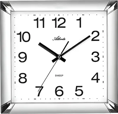 A square wall clock with a silver frame and a white face, showing the time.