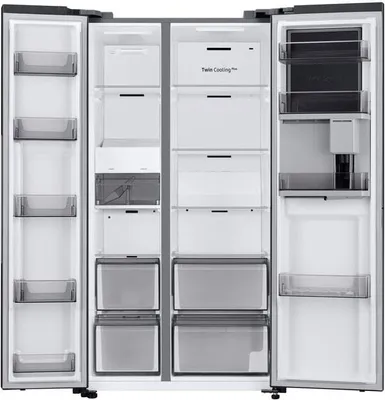 Produktbild von Samsung Side by Side Kühlschrank mit AI Energy Mode und Beverage Center™ (innen), 645 ℓ, Freistehend, Amerikanische Tür, Schwarz, LED, Innen, Gehärtetes Glas
