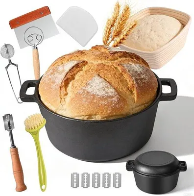 Productafbeelding van Gietijzeren Brood Bakvorm 26 cm met Fermentatie Mand, Broodmes en Deegschraper voor Perfect Gebakken Brood en Casserole gerechten