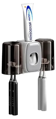 Produktbild von Wandmontierter Zahnbürstenhalter mit automatischem Zahnpastaspender und 4 Bürstenschlitzen, 2 Bechern, bohrfreie Installation (grau)