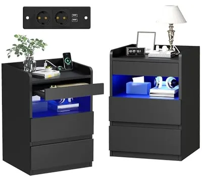 Immagine prodotto di Set di comodini - Mobiletto contenitore con cassetti - Ricarica dispositivi - Con LED e USB - 35 x 40 x 58 cm