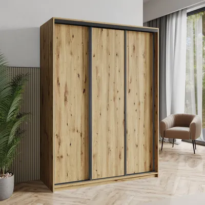 Produktbild von Masseno Schiebetürenschrank NISSE 150/205/60 cm Kleiderschrank mit Schubladen Schlafzimmer Schrank 3-türig Eiche Artisan + Schwarz