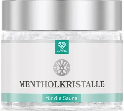 Produktbild von LoWell® 50g Mentholkristalle aus 100% reiner Minze - Ideal als Sauna Aufgussmittel für die Sauna in wiederverschließbarer Dose - Menthol