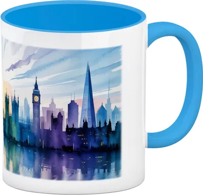 Produktbild von London Skyline Aquarell Kaffeebecher in hellblau