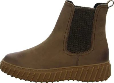 A side view of a single brown Chelsea boot.