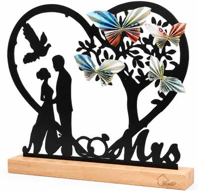 Productafbeelding van Bruiloft geldcadeau hart metaal met houten sokkel