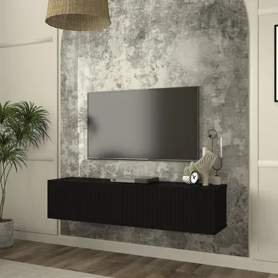 Produktbild von TV-Lowboard hängend ‘Verpsboga’ mit 2 Klapptüren gerillte 3D-Optik 135 x 32 x 30 cm Schwarz