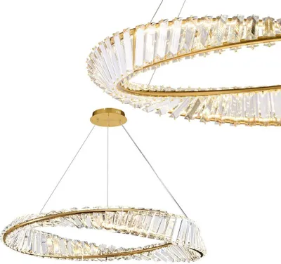Two golden ring-shaped chandeliers with clear crystal accents are shown against a white background.