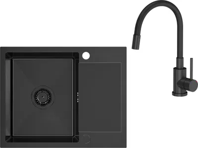 Obrázek produktu pro VBChome Nerezový dřez s baterií 60 x 48 cm Černý vestavný dřez se dvěma otvory Velký dřez s odkapávačem Sifonová kuchyňská baterie