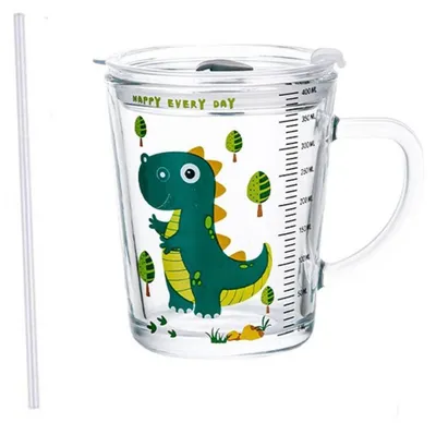 Obrázek produktu pro Skleněný kelímek s víkem a brčkem, objem 400 ml, zelený dinosaurus
