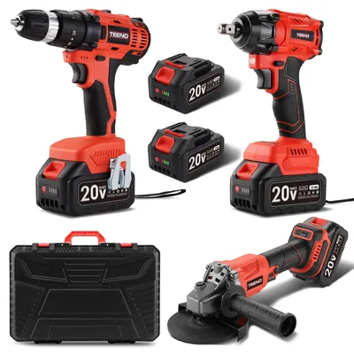 Produktbild von TEENO Werkzeugsatz 3-teilig (Bürstenloser Winkelschleifer + Bürstenloser Schraubenschlüssel + Schlagbohrer) 20 Volt Akku 3Ah*2