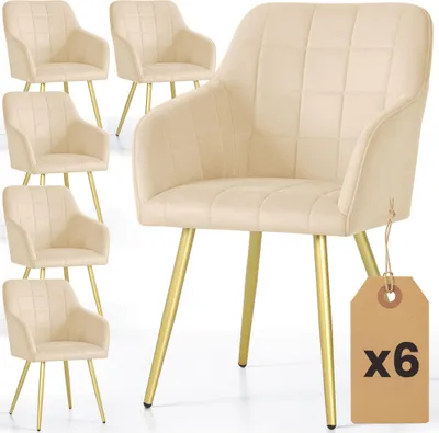 Produktbild von 6er Set Polsterstühle mit quadratischen Ziernähten LUXANO Beige mit goldenen Beinen