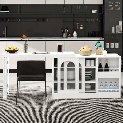 Image de Table extensible pour bar et cuisine, pivotante à 360 degrés, en bambou et en verre