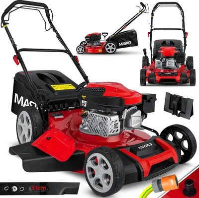 Produktbild von MASKO® Benzin Rasenmäher 5in1 Radantrieb EasyClean Reinigungsfunktion Mulchfunktion Seitenauswurf hohe Schnittbreite 8-fache Schnitthöhenverstellung | 4 Takt Motor | inkl. Fangkorb