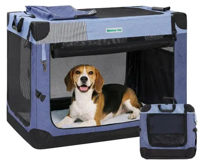 Produktbild von Hundetransportbox faltbar 76x53x53cm bis 23kg Blau mit Decke & Aufbewahrungstasche