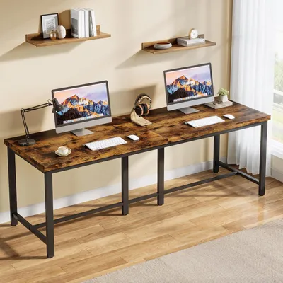Produktbild von Doppelschreibtisch 200 x 60 cm Computertisch Bürotisch Arbeitszimmer Homeoffice Vintage Braun Metallgestell