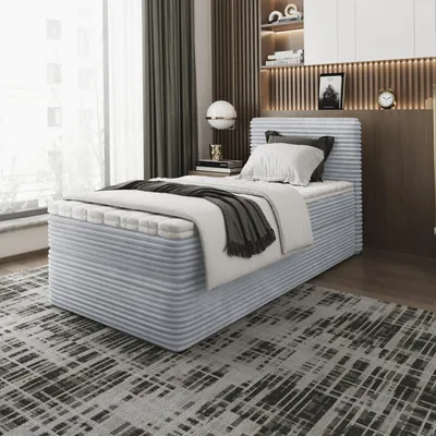 Produktbild von Bett, Boxspringbett, Continentalbett ZENO MINI mit Bonell Matratze, T25 Topper, Einzelbett mit Container, H3 90x190 cm, [Hellgrau - Tilia 86]